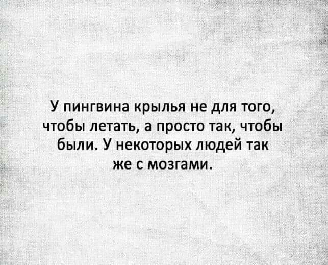 У пингвина крылья не для того чтобы летать а просто так чтобы были У некоторых людей так же с мозгами