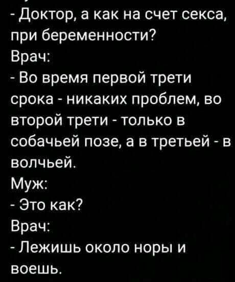 Доктор а как на счет секса при беременности Врач Во время первой трети срока никаких проблем во второй трети только в собачьей позе а в третьей в волчьей Муж Это как Врач Лежишь около норы и воешь