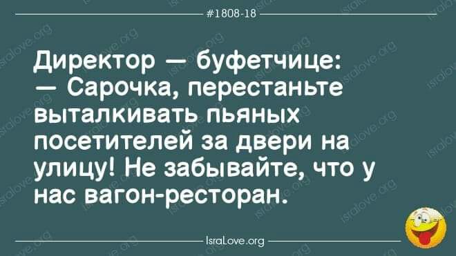 1808718 директор буфетчице Сарочка перестаньте выталкивать пьяных посетителей за двери на улицу Не забывайте что у нас вагон ресторан 5ште 079