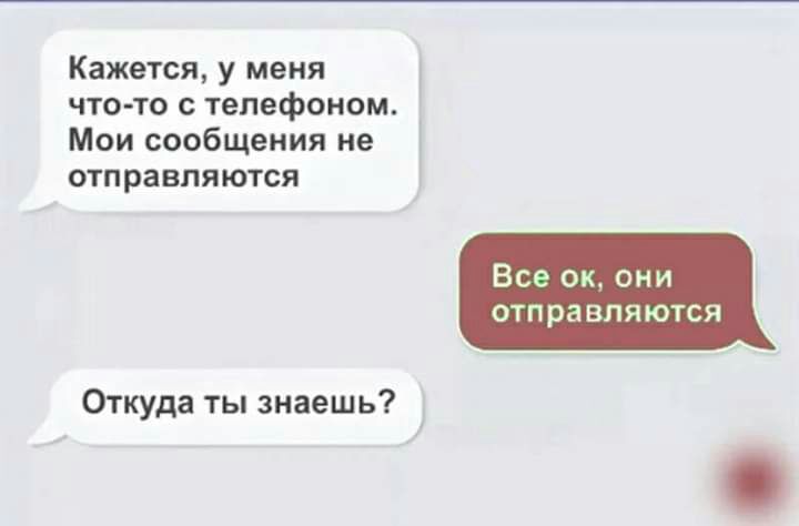 Кажется у меня что то с телефоном Мои сообщения не отправляются Все ок они отправляются Откуда ты знаешь