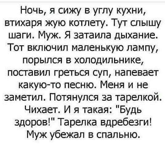 Ночь я сижу в углу кухни втихаря жую котлету Тут отышу шаги Муж Я затаила дыхание Тот включил маленькую лампу порылся в холодильнике посгавил греться суп напевает какуюто песню Меня и не заметил Потянулся за тарелкой Чихает И я такая Будь здоров Тарелка вдребезги Муж убежал в спальню