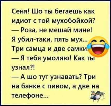 Сеня Шо ты бегаешь как идиот с той мухобойкой Роза не мешай мине Я убилтаки пять мух Три самца и две самк Я тебя умоляю Как ть узнал А шо тут узнавать Три на банке с пивом а две на телефоне
