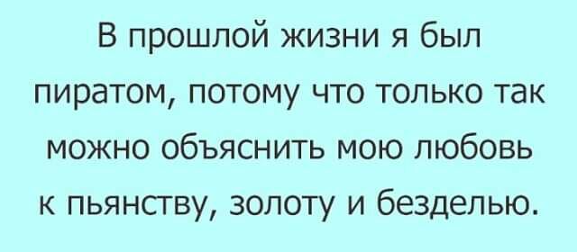 В прошлой жизни я был пиратом потому что только так можно объяснить мою любовь к пьянству золоту и безделью