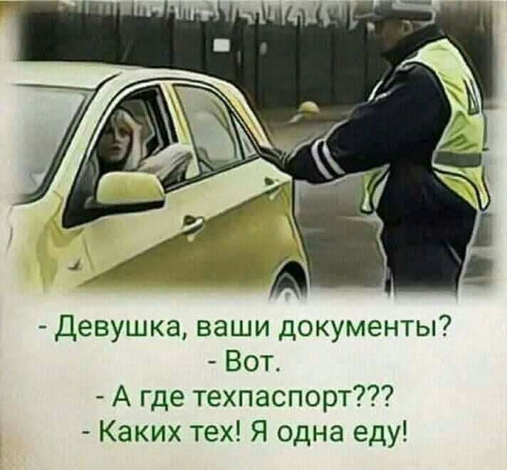 Девушка ваши документы Вот А где техпаспорт Каких тех Я одна еду