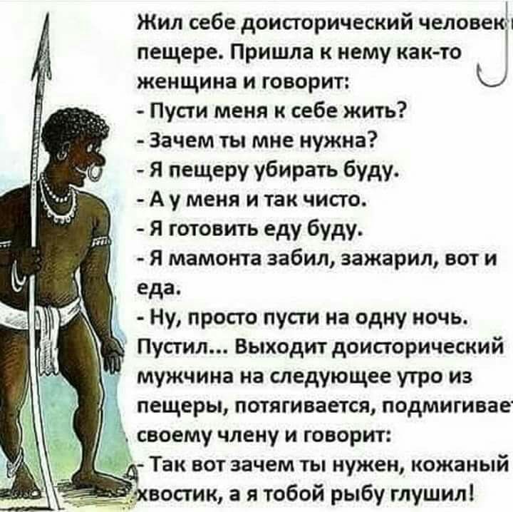 Жил себе доисторический человек пещере Пришла к нему как то женщина и говорит Пусти меня к себе жить Зачем ты мне нужна Я пещеру убирать буду А у меня и так чисто Я готовить еду буду Я мамонта забил зажарил вот и еда Ну просто пусти на одну ночь Пустил Выходит доисторический мужчина на следующее утро из д Так ВОТ зачем ТЫ нужен кожаный овостик а я тобой рыбу глушил пещеры потягивается подмигивае с