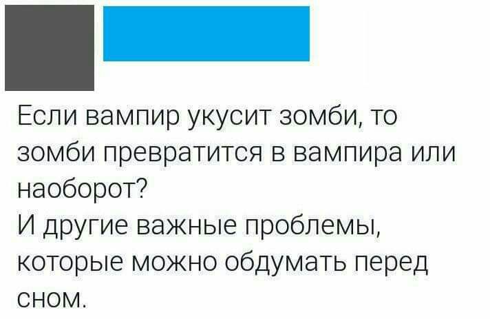 Если вампир укусит зомби то зомби превратится в вампира или наоборот И другие важные проблемы которые можно обдумать перед сном