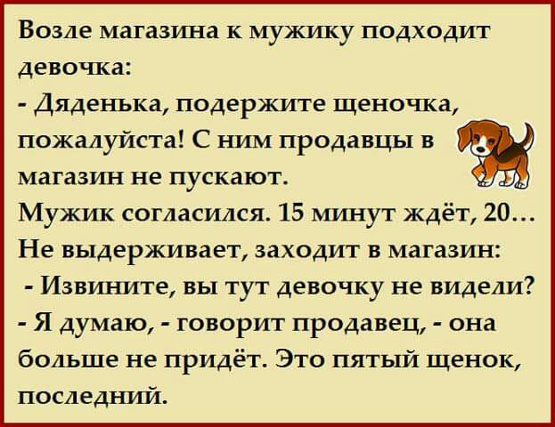 Возле магазина к мужику подходит девочка Дяденька подержите щеночка пожалуйста С ним продавцы в магазин не пускают Мужик согласился 15 минут ждёт 20 Не выдерживает заходит в магазин Извините вы тут девочку не видели Я думаю говорит продавец она больше не придёт Это пятый щенок последний