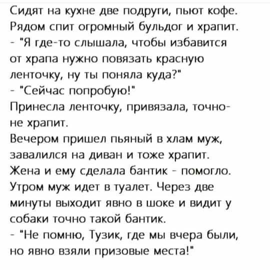 Сидят на кухне две подруги пьют кофе Рядом спит огромный бульдог и храпит Я где то слышала чтобы избавится от храпа нужно повязать красную ленточку ну ты поняла куда Сейчас попробую Принесла ленточку привязана точно не храпит Вечером пришел пьяный в хлам муж завалился на диван и тоже храпит Жена И ему сделала баНТИХ ПОМОГЛО Утром муж идет в туалет Через две МИНУТЫ ВЫХОДИТ ЯВНО В ШОКЕ И БИДИТ у соб