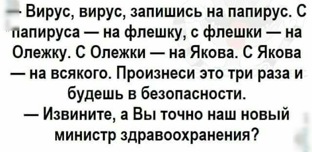 Вирус вирус запишись на папирус С папируса на флешку с флешки на Олежку С Олежки на Якова С Якова на всякого Произнеси это три раза и будешь в безопасности Извините а Вы точно наш новый министр здравоохранения