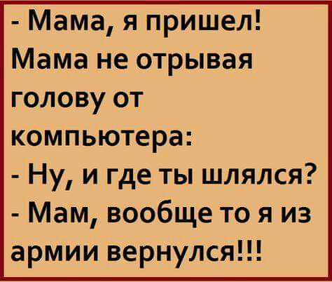 Мама я пришел Мама не отрывая голову от компьютера Ну и где ты шлялся Мам вообще то я из армии вернулся