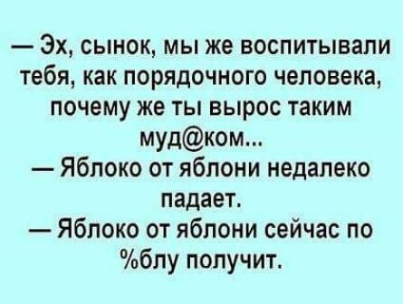 Эх сынок мы же воспитывали тебя как порядочного человека почему же ты вырос таким мудком Яблоко от яблони недалеко падает Яблоко от яблони сейчас по блу получит