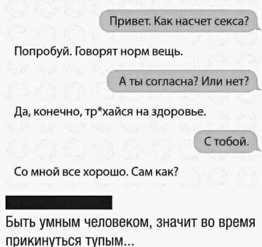 Привет Как насчет секса Попробуй Говорят норм вещь А ты согласна Или нет Да конечно трхайся на здоровье С тобой Со мной все хорошо Сам как _ Быть умным человеком значит во время прикинуться тупым