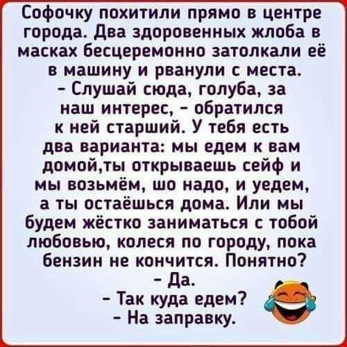 Софочку похитили прямо в центре города два здоровенных жлоба в масках бесцеремонно затолкали её в машину и рванули места Слушай сюда голуба за наш интерес обратился к ней старший У тебя есть два варианта мы едем к вам домой открываешь сейф и мы возьмём шо надо и уедем а ты остаешься дома Или мы будем жёстко заниматься с тобой любовью копеся по городу пока бензин не кончится Понятно да Так куда еде