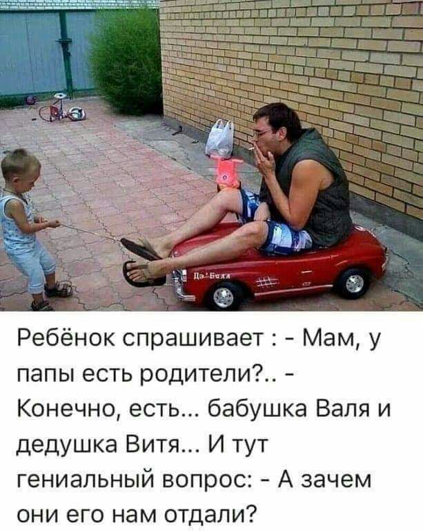 Ребёнок спрашивает Мам у папы есть родители Конечно есть бабушка Валя и дедушка Витя И тут гениальный вопрос А зачем они его нам отдали