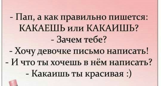 Пап а как правильно пишется КАКАЕШЬ или КАКАИШЬ Зачем тебе Хочу девочке письмо написать И что ты хочешь в нём написать Какаишь ты красивая