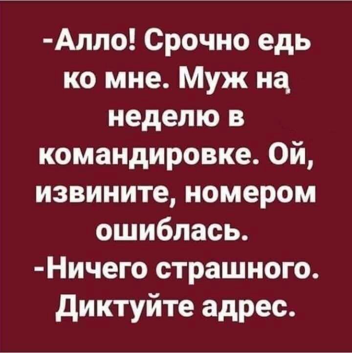 Алло Срочно едь ко мне Муж на неделю в командировке Ой извините номером ошиблась Ничего страшного диктуйте адрес