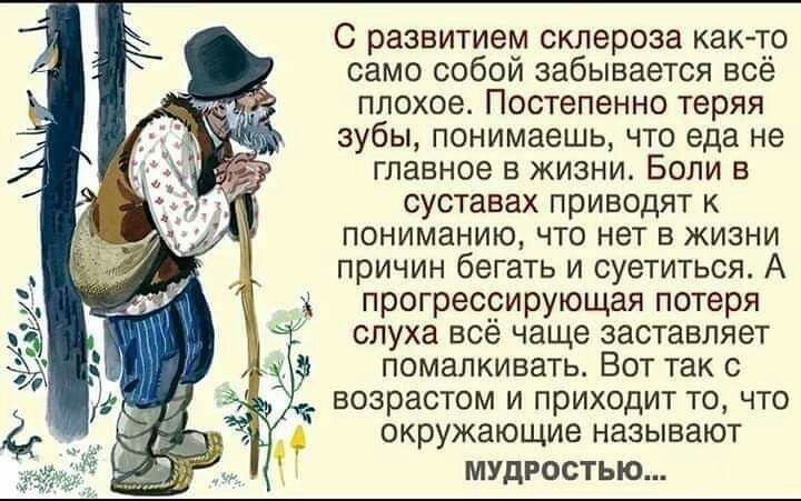 С развитием склероза как то само собой забывается всё плохое Постепенно теряя зубы понимаешь что еда не главное в жизни Боли в суставах приводят к пониманию что нет в жизни причин бегать и суетиться А прогрессирующая потеря слуха всё чаще заставляет помалкивать Вот так с возрастом и приходит то что окружающие называют МУДРОСТЬЮ
