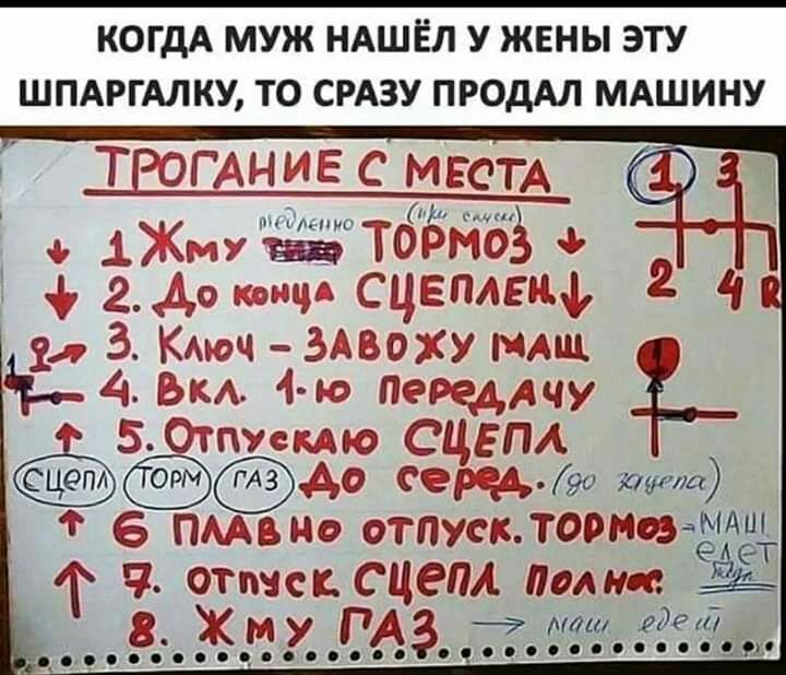 КОГДА МУЖ НАШЁЛ У ЖЕНЫ ЭТУ ШПАРГАЛКУ ТО СРАЗУ ПРОДАЛ МАШИНУ 1 Ьіі и и Ён НОРИОЁ 43 эгщг смелЕвы 2 4 2 37 3 Аюч 3АВОЖУМАЩ 4 Біла 449 терэддчу іібтгпушшэ СЦЕПА 0 9063133 пита ПААвМо отпуск тарнозаёид Ч отток сцепл алиас Ё ЖМУ РАЗ маш едем Ё в ввц во дц доносивуідо