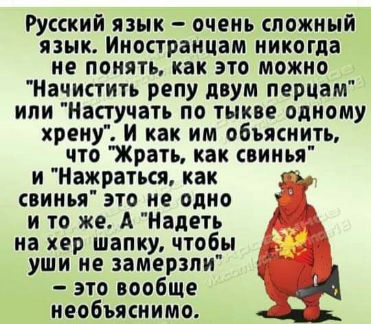 Русский язык очень сложный язык Иностранцам никогда не понять как это можно Начистить репу двум перцам или Настучать по тыкве одному хрену И как им объяснить что Жрать как свинья и Нажраться как 51 свинья это не одно и то же А Надеть на хер шапку чтобпы уши не замерзли д это вообще _ 4 необъяснимо