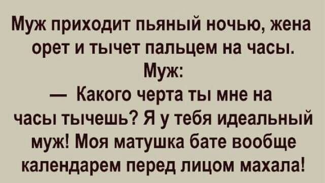 Муж приходит пьяный ночью жена орет и тычет пальцем на часы Муж Какого черта ты мне на часы тычешь Я у тебя идеальный муж Моя матушка бате вообще календарем перед лицом махала