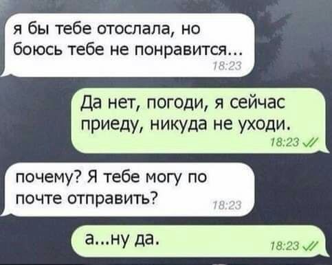 я бы тебе отослала но боюсь тебе не понравится Да нет погоди я сейчас приеду никуда не уходи почему Я тебе могу по почте отправить