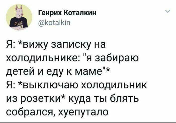 А Генрих Коталкин КоіаіКіп Я вижу записку на холодильнике я забираю детей и еду к маме Я выключаю холодильник из розетки куда ты блять собрался хуепутало