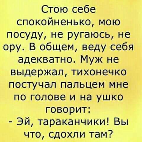 Стою себе спокойненько мою посуду не ругаюсь не ору В общем веду себя адекватно Муж не выдержал тихонечко постучал пальцем мне по голове и на ушко говорит Эй тараканчики Вы что сдохли там