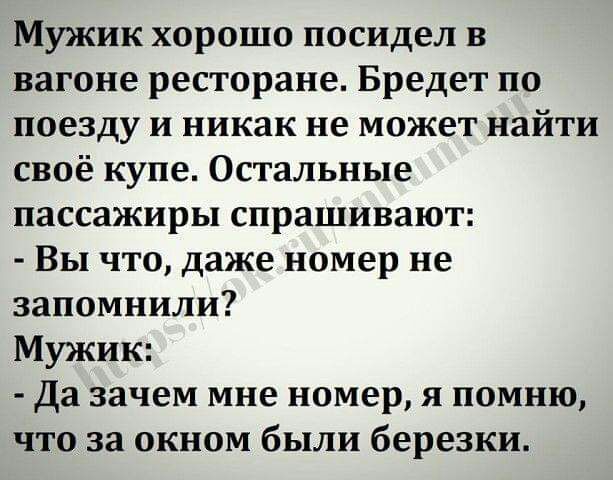 Мужик хорошо посидел в вагоне ресторане Бредет по поезду и никак не может найти своё купе Остальные пассажиры спрашивают Вы что даже номер не запомнили Мужик Да зачем мне номер я помню что за окном были березки