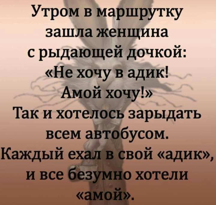 Утром в маршрутку зашла женщина с рыдающей дочкой Не хочу в адик Амрй козу Так и хотейі в зарыдать вой адик хотели