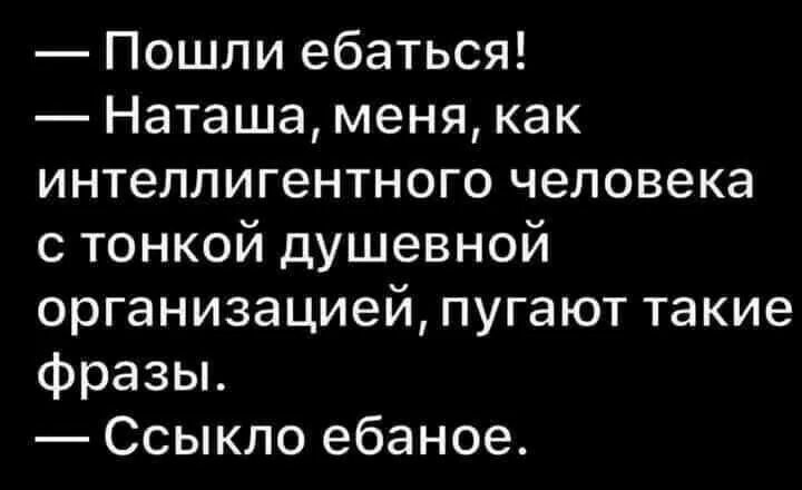 Пошли ебаться Наташа меня как интеллигентного человека с тонкой душевной организацией пугают такие фразы Ссыкло ебаное