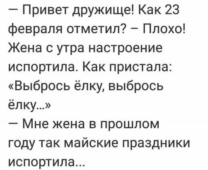 Привет дружище Как 23 февраля отметил Плохо Жена с утра настроение испортила Как пристала Выбрось ёлку выбрось ёлку Мне жена в прошлом году так майские праздники испортила