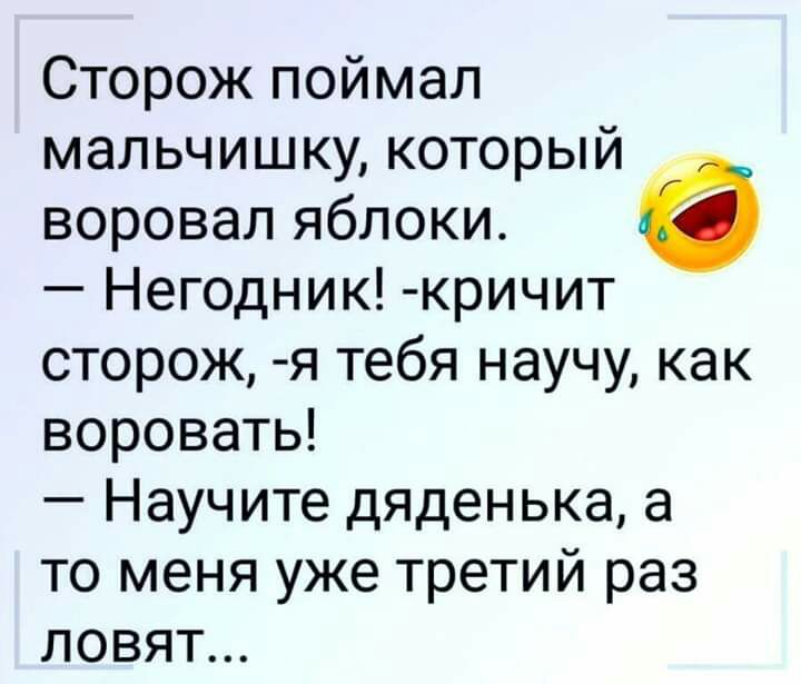 Сторож поймал мальчишку который воровал яблоки Негодник кричит сторож я тебя научу как воровать Научите дяденька а то меня уже третий раз ловят