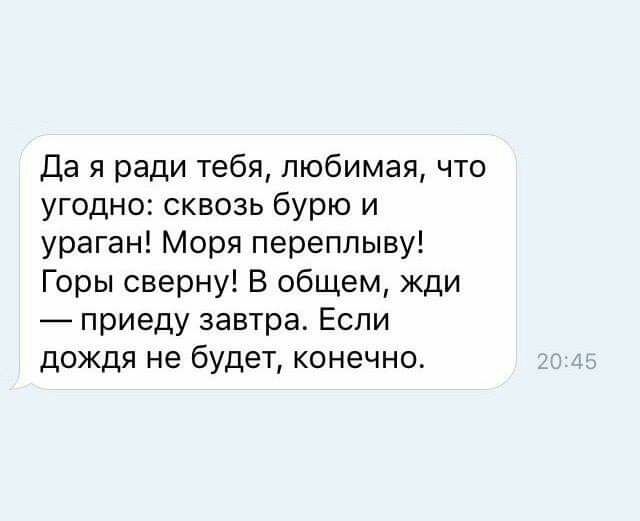 Да я ради тебя любимая что угодно сквозь бурю и ураган Моря переппыву Горы сверну В общем жди приеду завтра Если дождя не будет конечно