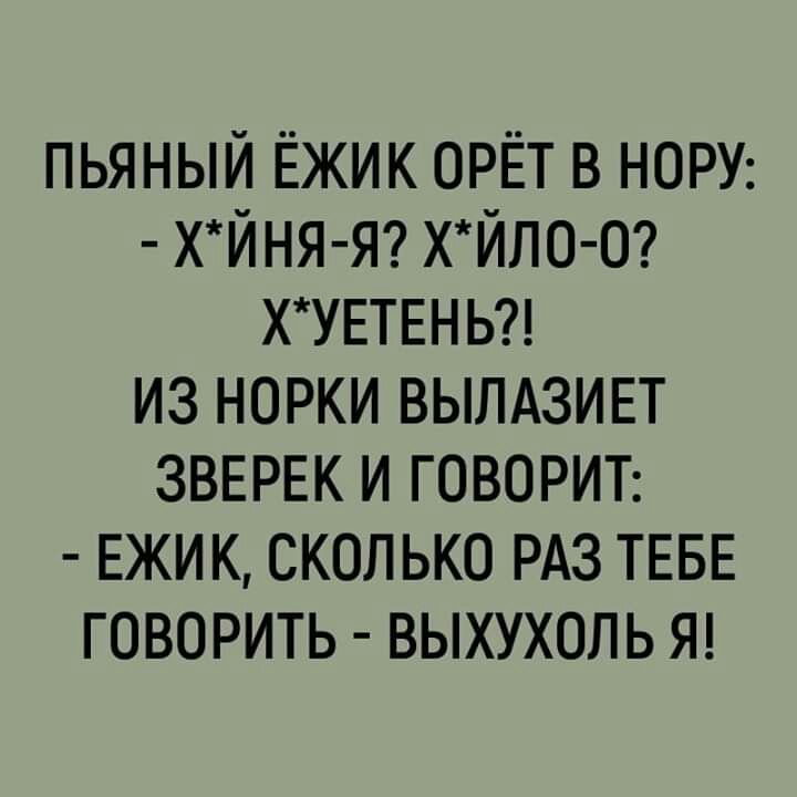 пьяный Ёжик ОРЁТ в НОРУ ХЙНЯ Я ХЙЛ0 0 ХУЕТЕНЬ из норки вылдзивт ЗВЕРЕК и ГОВОРИТ ЕЖИ к сколько РАЗ ТЕБЕ говорить выхухоль Я