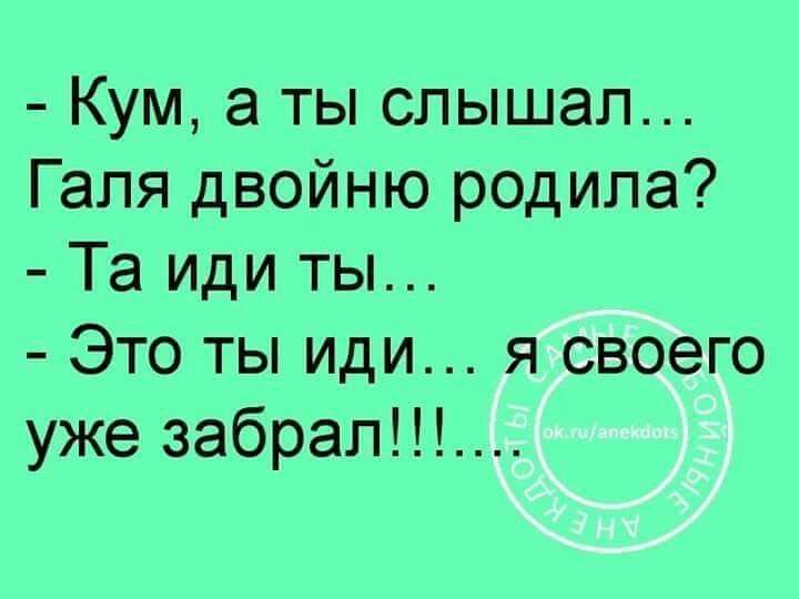 Кум а ты слышал Галя двойню родила Та иди ты Это ты иди я своего уже забрал