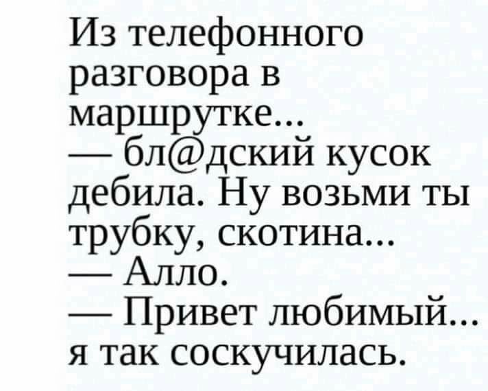 Из телефонного разговора в маршрутке блдский кусок дебила Ну возьми ты трубку скотина Алло Привет любимый я так соскучилась