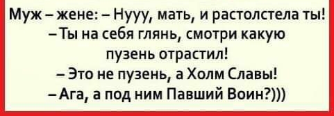 Муж жене Нууу мать и растолстела ты Ты на себя глянь смотри какую пузень отрастил Это не пузень а Холм Славы Ага а под ним Павший Воин