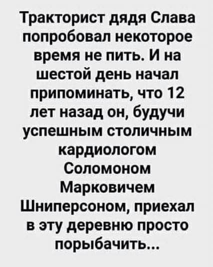 Тракторист дядя Слава попробовал некоторое время не пить И на шестой день начал припоминать что 12 лет назад он будучи успешным столичным кардиологом Соломоном Марковичем Шниперсоном приехал в эту деревню просто порыбачить
