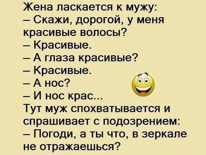 Жена ласкается к мужу Скажи дорогой у меня красивые волосы Красивые А глаза красивые Красивые А нос И нос крас Тут муж спохватывается и спрашивает с подозрением Погоди а ты что в зеркале не отражаешься