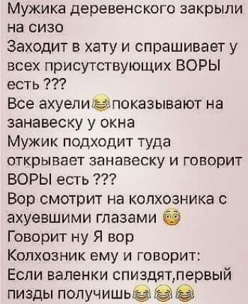 Мужика деревенского закрыли на сизо Заходит в хату и спрашивает у всех присутствующих ВОРЫ есть Все ахуелиіёапоказывают на занавеску у окна Мужик подходит туда открывает занавеску и говорит ВОРЫ есть Вор смотрит на копхозника ахуевшими глазами Говорит ну Я вор Копхозник ему и говорит Если валенки спиздятпервый пизды получишыё