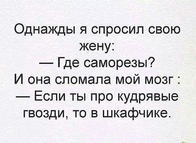 Однажды я спросил свою жену Где саморезы И она сломала мой мозг Если ты про кудрявые гвозди то в шкафчике
