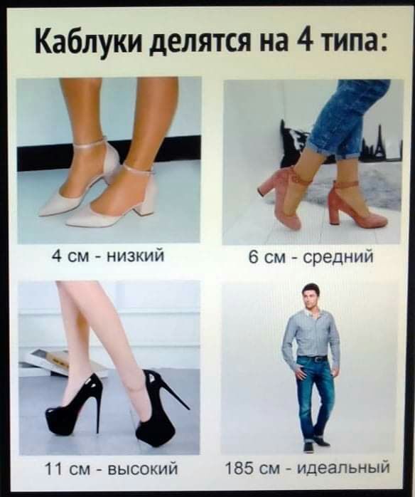 Каблуки делятся на 4 типа 4 см низкий 6 см средний 6 Ч и 11 см высокий 185 см идеальный