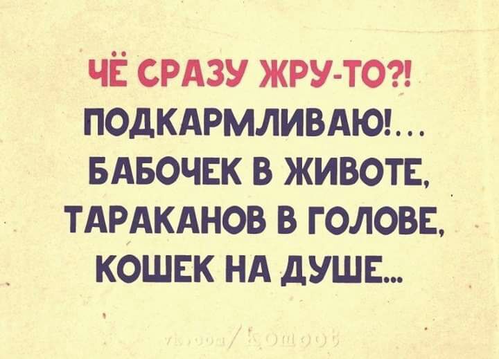 ЧЁ СРАЗУ жру тог подкдтливдюъ вдвочск в животе _ ТАРАКАНОВ в голове кошак нд душе