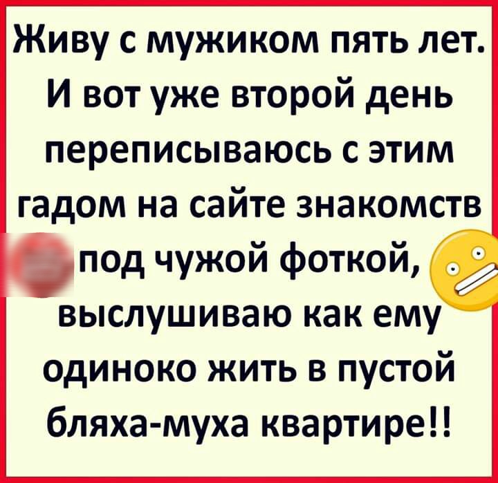 Живу с мужиком пять лет И вот уже второй день переписываюсь с этим гадом на сайте знакомств под чужой фоткой о выслушиваю как ему одиноко жить в пустой бляха муха квартире