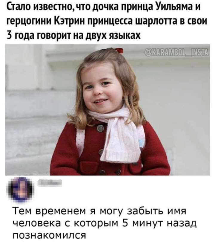 Стало извеспю что дочка принца Уильяма и герцогини Кэтрин принцесса шарлотта в свои 3 года говорит на двух языках Тем временем я могу забыть имя человека с которым 5 минут назад познакомился
