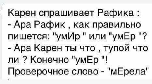 Карен спрашивает Рафика Ара Рафик как правильно пишется умИр или умЕр Ара Карен ты что тупой что ли Конечно умЕр Проверочное слово мЕрела