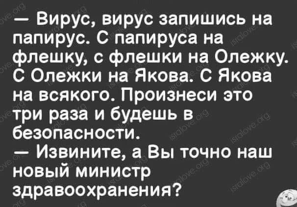 Вирус вирус запишись на папирус С папируса на флешку с флешки на Олежку С Олежки на Якова С Якова на всякого Произнеси это три раза и будешь в безопасности Извините а Вы точно наш новый министр здравоохранения В