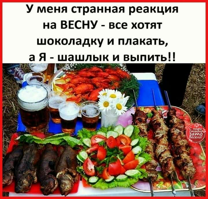 У меня странная реакция на ВЕСНУ все хотят шоколадку и плакать а Я шашлык и выпить