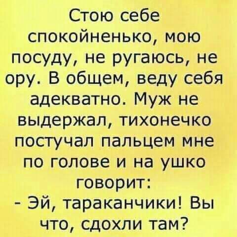 Стою себе спокойненько мою посуду не ругаюсь не ору В общем веду себя адекватно Муж не выдержал тихонечко постучал пальцем мне по голове и на ушко говорит Эй тараканчики Вы что сдохли там