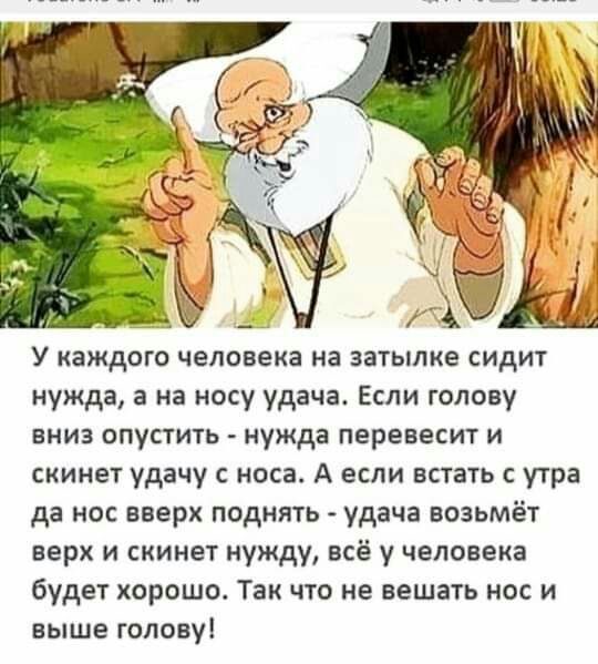 У каждого человека на затылке сидит нужда а на носу удача Если голову вниз опустить нужда перевесит и скинет удачу с носа А если встать с утра да нос вверх поднять удача возьмёт верх и скинет нужду всё у человека будет хорошо Так что не вешать нос и выше голову